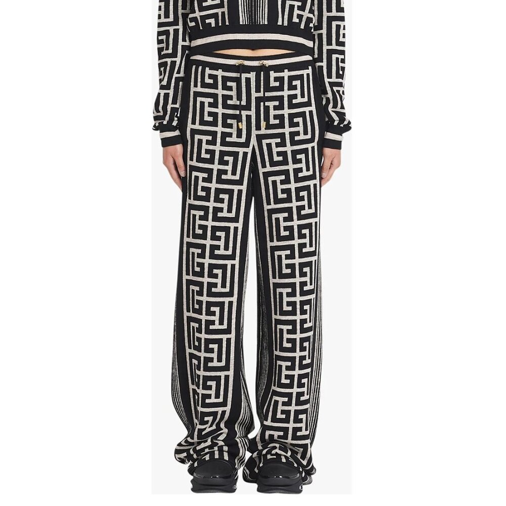 Balmain Ivoire & Noir Monogram-Jacquard Wool Sweatpants